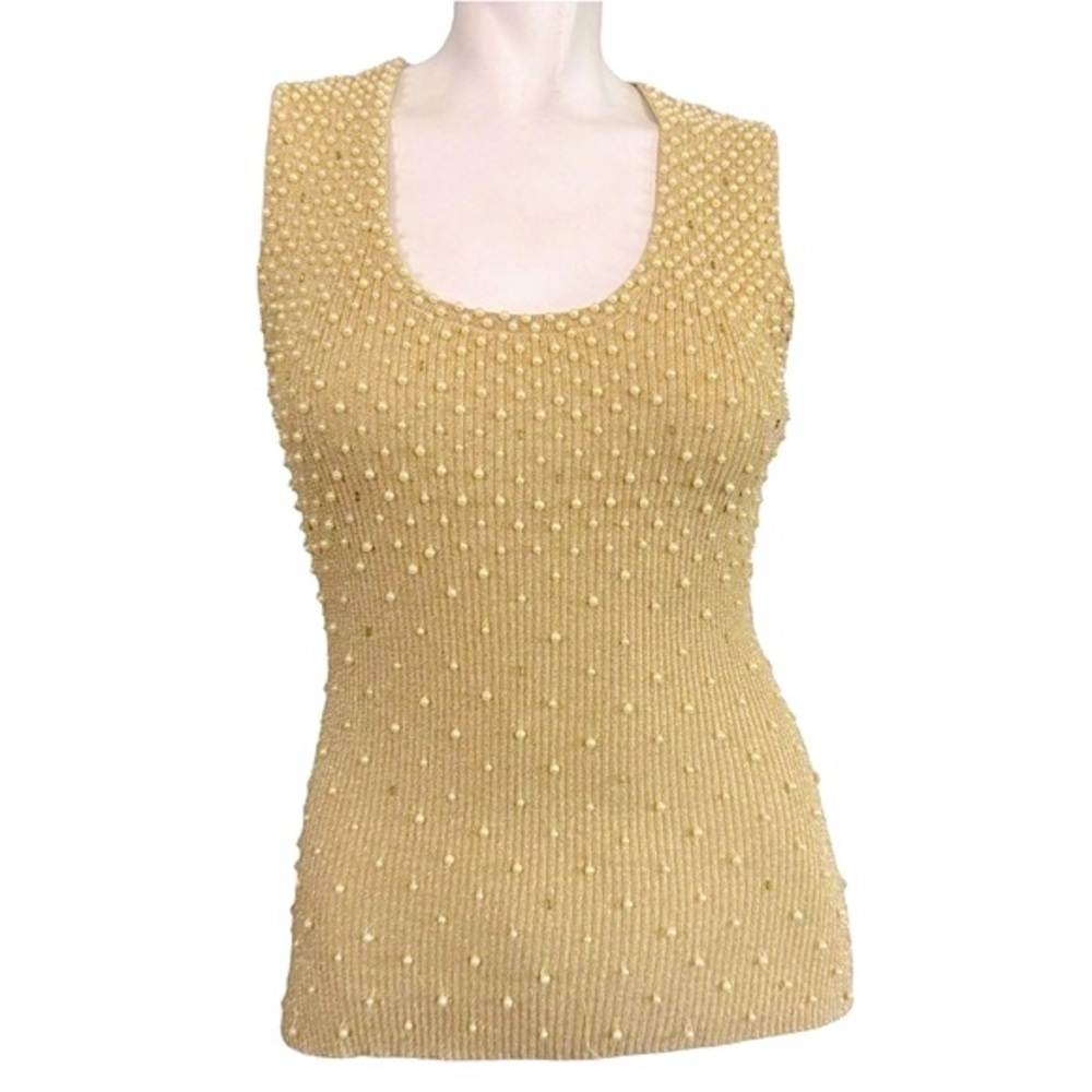 VINTAGE 90’s Caché Metallic Gold Pearls & Bead Sleeveless Cotton Ribbed Knit Top